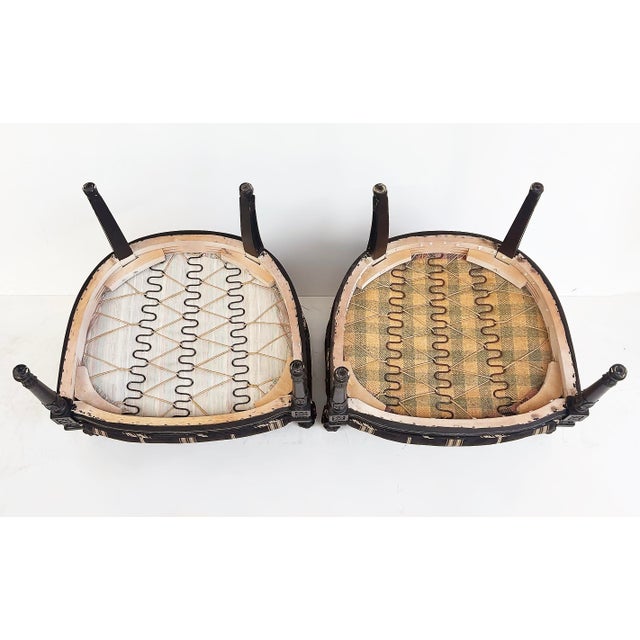 Vintage Ebonized Carved Ram's Head Bergère Chairs, Pair For Sale - Image 15 of 16