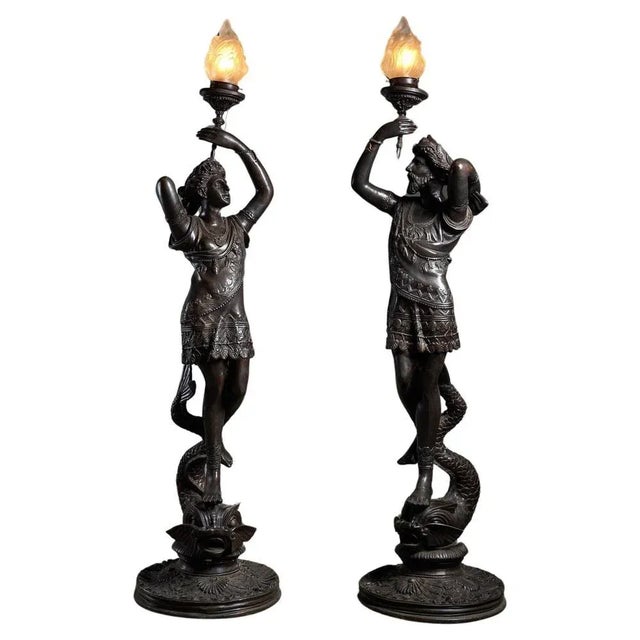 Large Sculptural Male and Female Lamps in Bronze, 1920s, Set of 2 For Sale - Image 12 of 12
