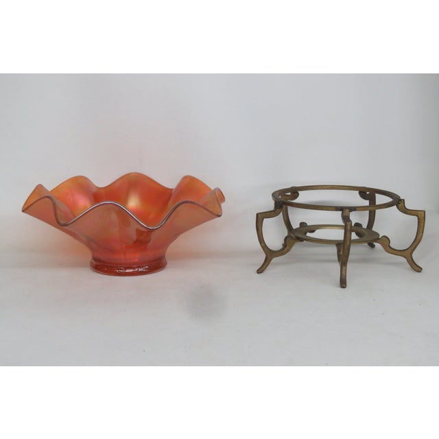Traditional Marigold Iridescent Ruffle Edge Candy Dish Bowl on a Metal Stand 4635b For Sale - Image 3 of 14