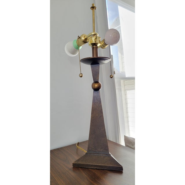 Mid 20th Century Modern Patinated Bronze Pyramid and Brass Sphere Lamp With Pleated Linen Shade For Sale - Image 9 of 10