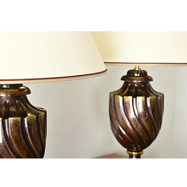 Bronze French Pair of Vintage Heavy Brass Urn Table Lamps For Sale - Image 8 of 12