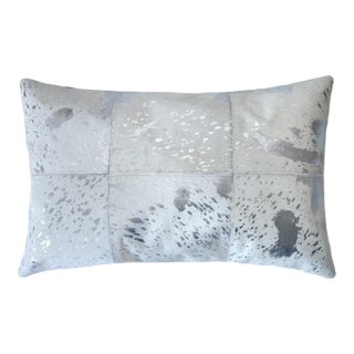 Luxury Silver Cowhide Leather Throw Pillow 16x24 | Handmade Metallic Designer Lumbar Cushion For Sale