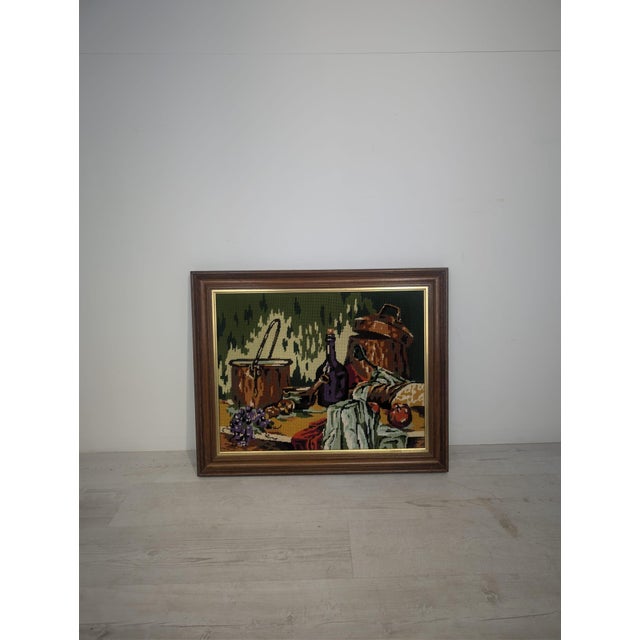 Embroidered Still Life Decorative embroidery depicting a rustic still life. The composition depicts a bottle of wine, a...