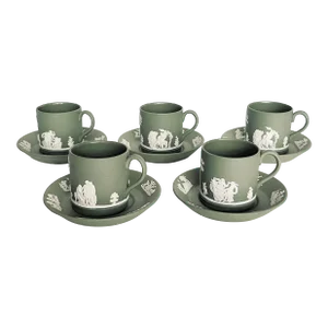 Vintage Wedgwood Sage Green Jasperware Demitasse Espresso Coffee Cups and Saucers for 5 Servings, Set 10 Pieces
