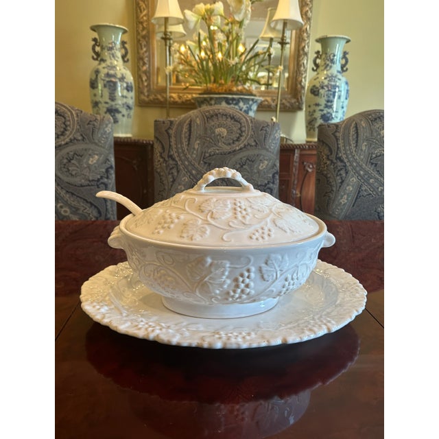 Rare White Vintage Grazia Deruto Soup Tureen with Platter and Spoon in cream. This piece features beautiful grape and...