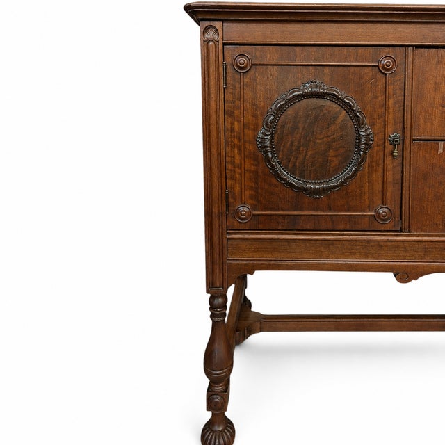 Traditional Antique Jacobean Revival Figured Wood Sideboard With Carved Medallions For Sale - Image 3 of 18