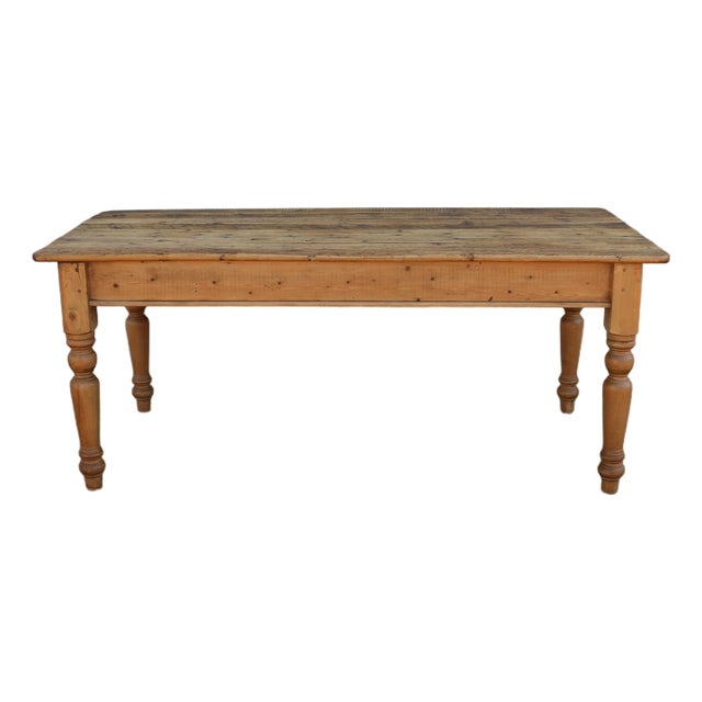 Vintage 1980s English Farmhouse Solid Pine Dining Table With Drawer & Turned Legs For Sale