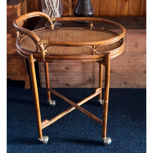 Mid 20th Century Mid Century Bent Rattan and Wicker Bar Cart With Removable Rattan and Wicker Tray For Sale - Image 5 of 9