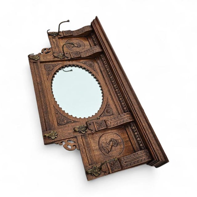 Dutch entryway wall coat rack / solid wood / carved decorations and mirror in the center / 1950s Adorable / Dutch vintage...