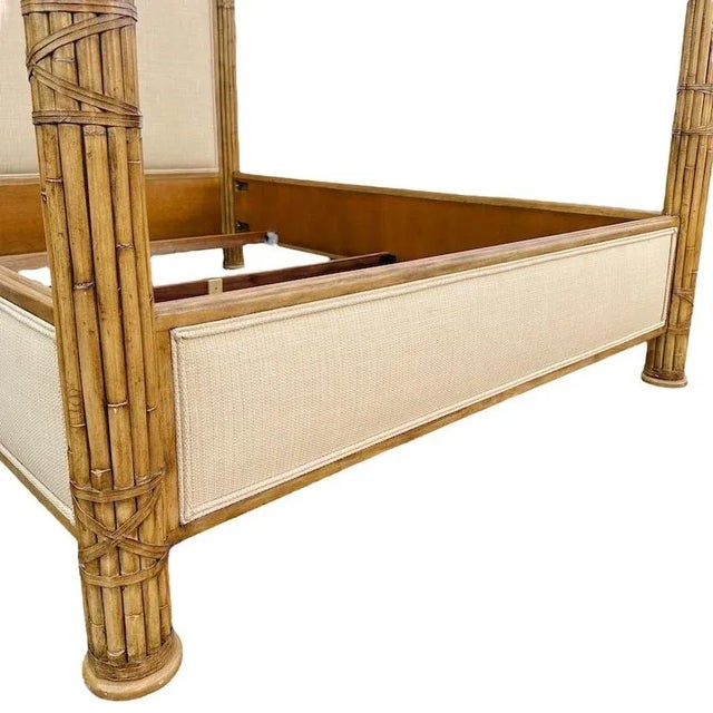 Wood Bamboo Queen Poster Bed with Steel Canopy and Cream Linen Fabric For Sale - Image 7 of 11