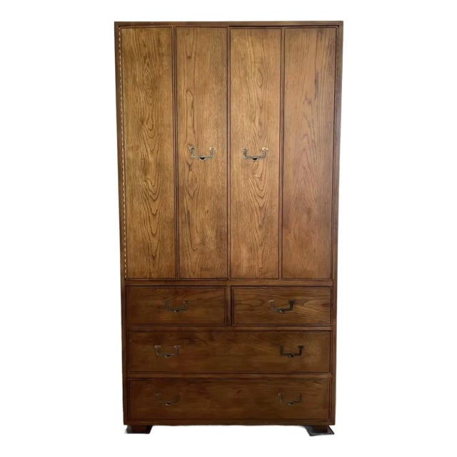 1970s Henredon Artefacts Campaign-Style Mid-Century Oak Armoire For Sale