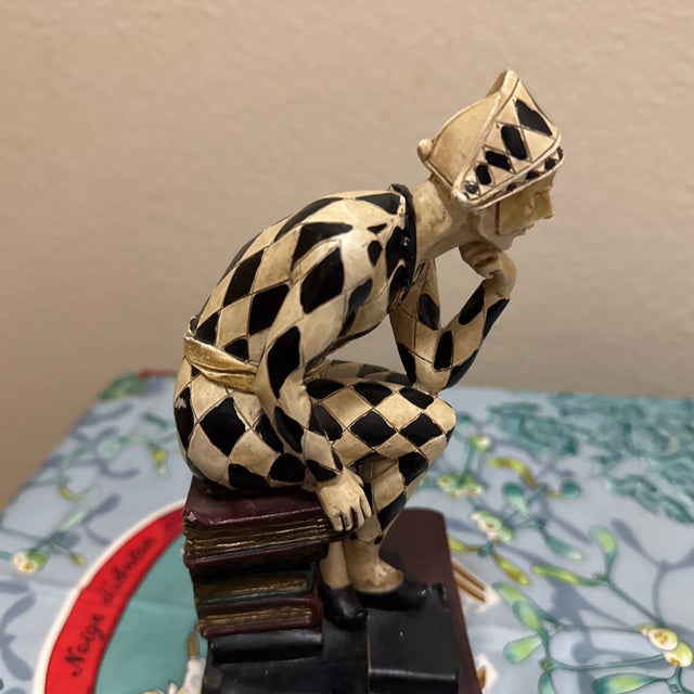 Plastic French Art Deco Hand-Painted Harlequin "The Thinker" Jester Bookend For Sale - Image 7 of 10