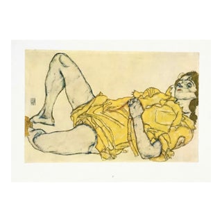 1981 Egon Schiele 27 Erotic Drawing Reclining Female in Yellow Dress For Sale