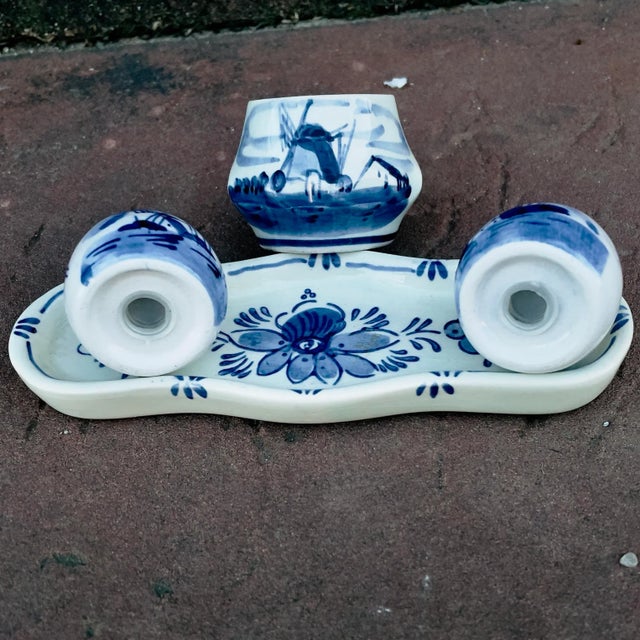 Delft Vintage Ceramic Delft Condiment Set With Matching Tray- 4 Pieces For Sale - Image 4 of 10