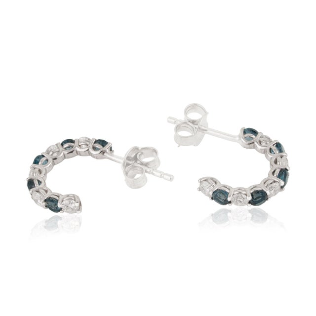 Metal Modern Round Blue Sapphire & Diamond Half Hoop Earrings in 14k White Gold- A Pair For Sale - Image 7 of 15
