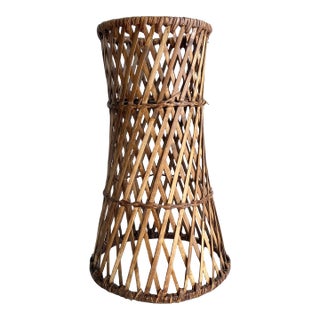 Vintage Rattan Plant Stand Boho Chic Natural Lattice Wicker Side Table For Sale