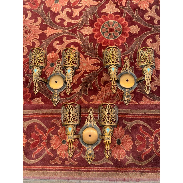 Robin's Egg Blue 1920s Art Deco Polychrome Sconces With Robin’s Egg Blue Accents and Slip Shades - Set of 3 For Sale - Image 8 of 12