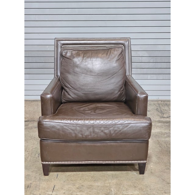 Hancock & Moore Brown Leather Large Comfortable Club Chair Nail Head Trim For Sale - Image 9 of 11