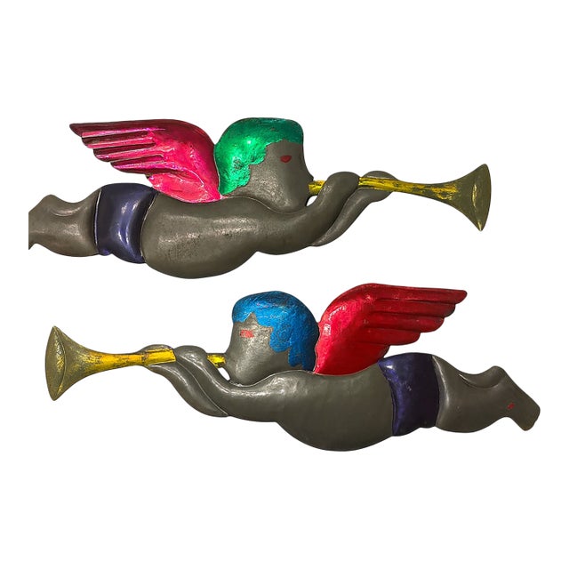 Large and Rare Vintage Mexican Tin Folk Art Angels – 24″ Hand-Painted Trumpet Wall Pair For Sale