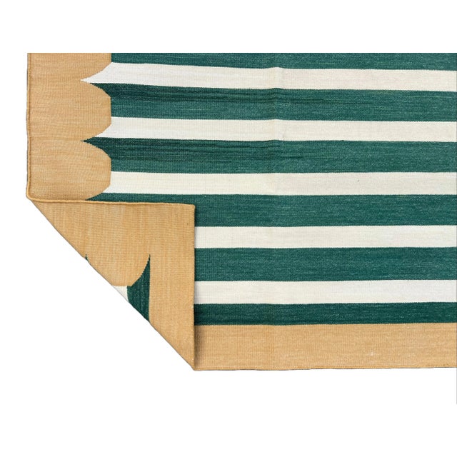 Casa Cosima Handmade Cotton Area Rug, Natural Vegetable Dyed, Green and White Striped Dhurrie With Mustard Border -4'x6' For Sale - Image 4 of 10