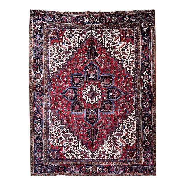 Vintage Heriz Rug, Hand-Knotted Wool, Geometric Medallion Pattern, Red & Navy, 8x11 For Sale