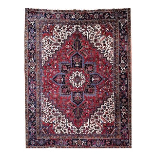 Vintage Persian Heriz Rug, Hand-Knotted Wool, Geometric Medallion Pattern, Red & Navy, 8x11 For Sale