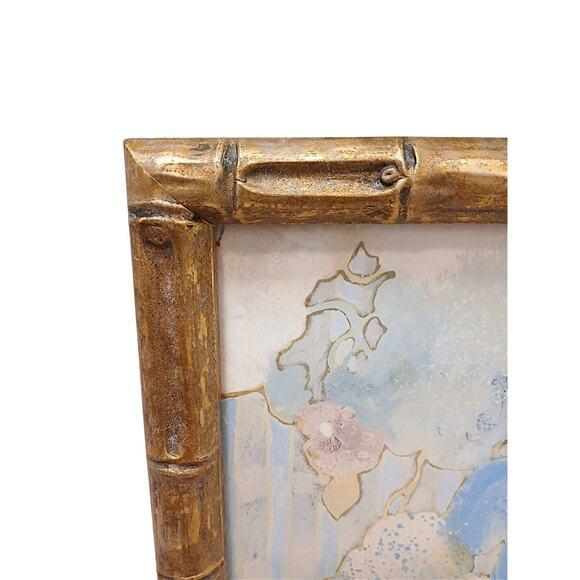 Vintage Euro[ean Watercolor Painting Abstract Light Blue Beige Floral Wood Golden Bamboo Theme Frame Hollywood Regency...