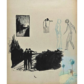 Norbert Meyre, The Men on the Bridge, Pencil Drawing, Mid 20th-Century For Sale