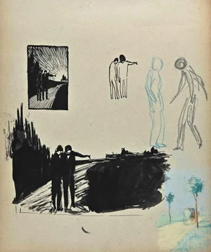 Norbert Meyre, The Men on the Bridge, Pencil Drawing, Mid 20th-Century