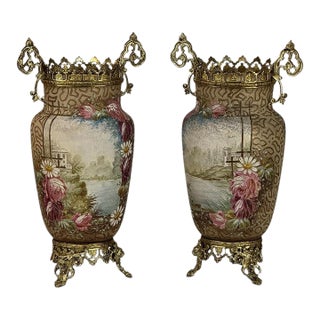 Pair of 19th Century French Gilt Bronze Mounted Hand-Painted Porcelain Vases by Royal Bonn For Sale