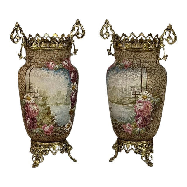 Pair of 19th Century French Gilt Bronze Mounted Hand-Painted Porcelain Vases by Royal Bonn For Sale