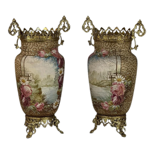Pair of 19th Century French Gilt Bronze Mounted Hand-Painted Porcelain Vases by Royal Bonn
