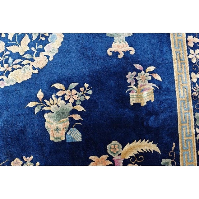 1920s Navy Classic Pomegranate Medallion Antique Chinese Art Deco 8' 9"x 11' 6" For Sale - Image 4 of 9