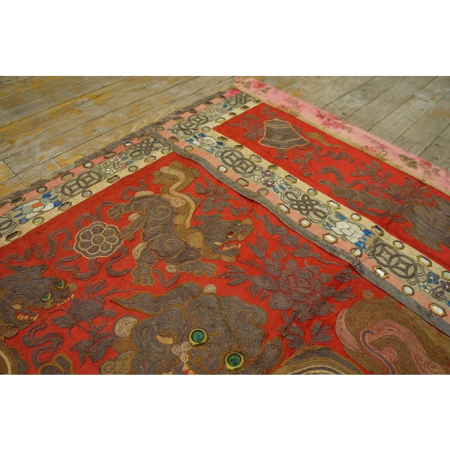 Textile 1920s Red Foo Dog Antique Chinese Silk Textiles Embroidery 3' X 3' Rug For Sale - Image 7 of 14