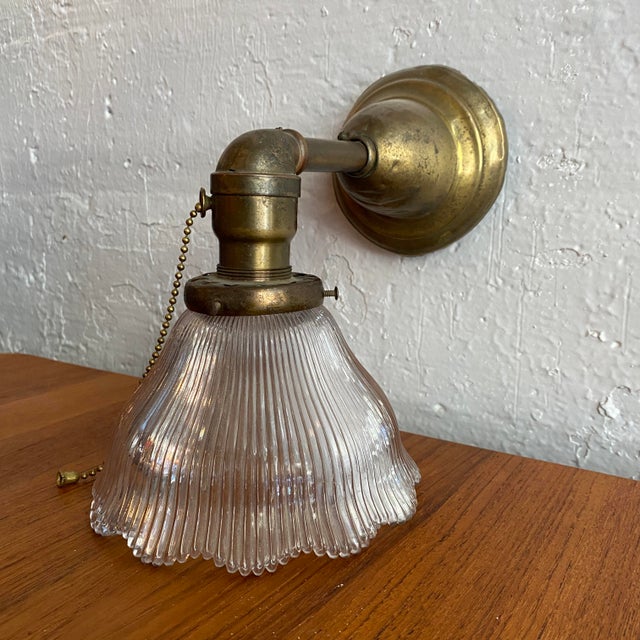 Industrial Antique Industrial Brass Wall Sconce With Holophane Glass Shade For Sale - Image 3 of 13