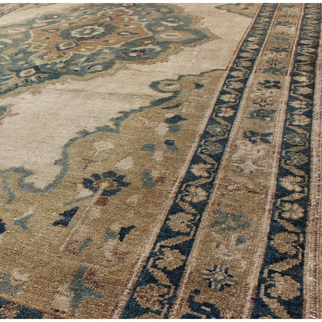 Textile Vintage Oushak Rug With Floral Design in Blue/Green, Taupe, Ivory & Yellow Green 5'2" X9'11" For Sale - Image 7 of 8