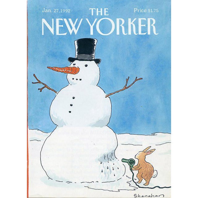 Original vintage New Yorker magazine cover dated January 27, 1992 featuring a Winter and Snowman theme. Cover illustration...
