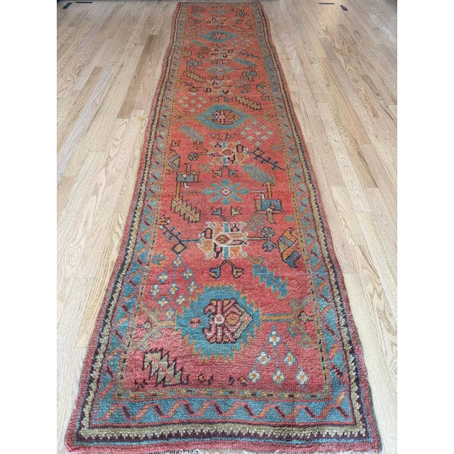 Late 19th Century Antique Turkish Oushak Runner, Coral, Light Blue Handwoven Rug For Sale In New York - Image 6 of 15