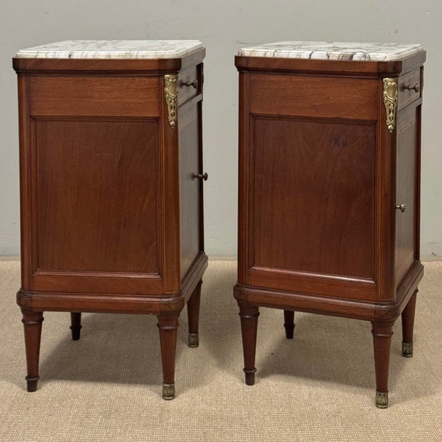 Pair of Antique French Louis XVI Marquetry Marble Top Nightstands ~ End Tables For Sale - Image 14 of 18