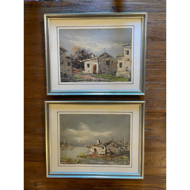 Pair of South American Oil Paintings of Houses Architecture With Silver Frames and Hand-Lined Mat Signed Fortes For Sale - Image 11 of 11