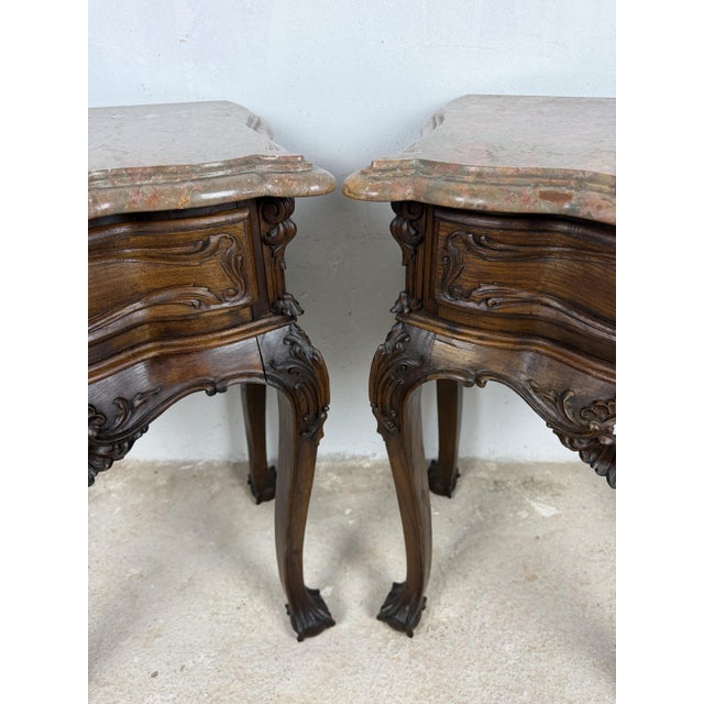 French Louis XV Style Nightstands with Marble Tops, 1940s, Set of 2 For Sale - Image 6 of 16