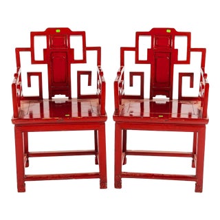 Early 20th Century Red Lacquered Chinese Chippendale Style Arm Chairs- a Pair For Sale