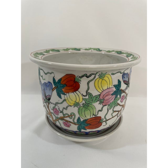 Mid 20th Century Mid 20th Century Porcelain Famille Rose Cachepot Planter With Drain Plate For Sale - Image 5 of 17