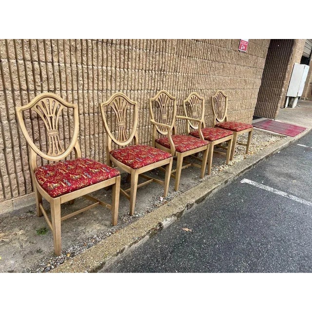 Set of Vintage Drexel Federal Style Tan Stained Color Painted Shield-Back Dining Chairs. Solid wood frame, sturdy and...