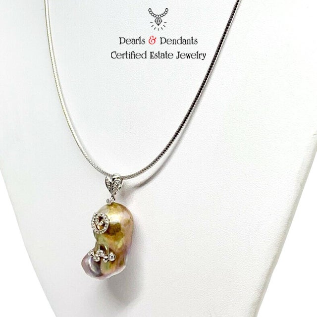 Italian Diamond Freshwater Pearl Necklace Baroque 14k Gold Italy Certified For Sale - Image 3 of 7