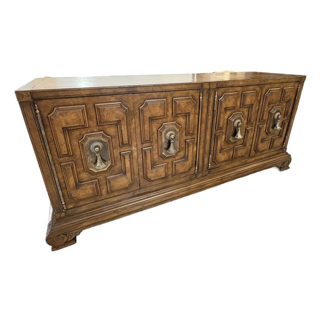 Vintage Mastercraft Credenza Sideboard 1970s Burl Wood & Brass Tassel Pulls For Sale