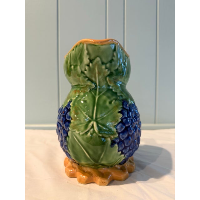 Farmhouse Vintage Majolica Style Grape Wine Pitcher With Blue/Purple Grapes For Sale - Image 3 of 11