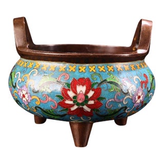 Vintage Cloisonne Enamel Incense Burner – 5.1" Gilt Tripod Censer With Twin Handles For Sale