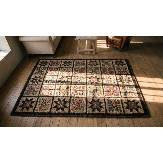 Textile 1930s Brown Floral Geometric Folk Art Antique American Hooked Rug 5'4" X 8'8" Hand Knotted Wool Carpet For Sale - Image 7 of 9