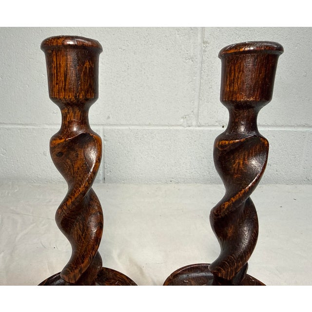 19th Century Pair Antique 19th Century Barley Twist English Wood Candlesticks Candle Holders For Sale - Image 5 of 12